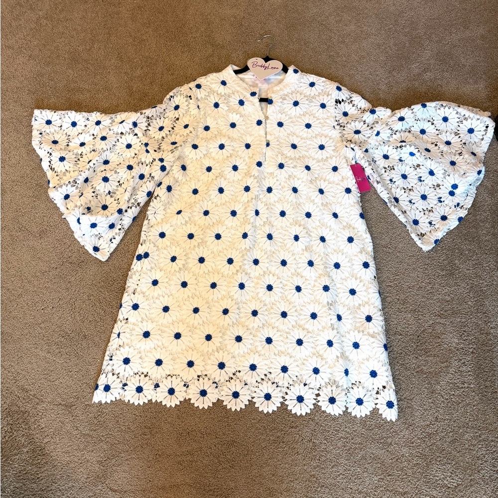 Buddy Love White and Blue Floral Bell Sleeve Dress